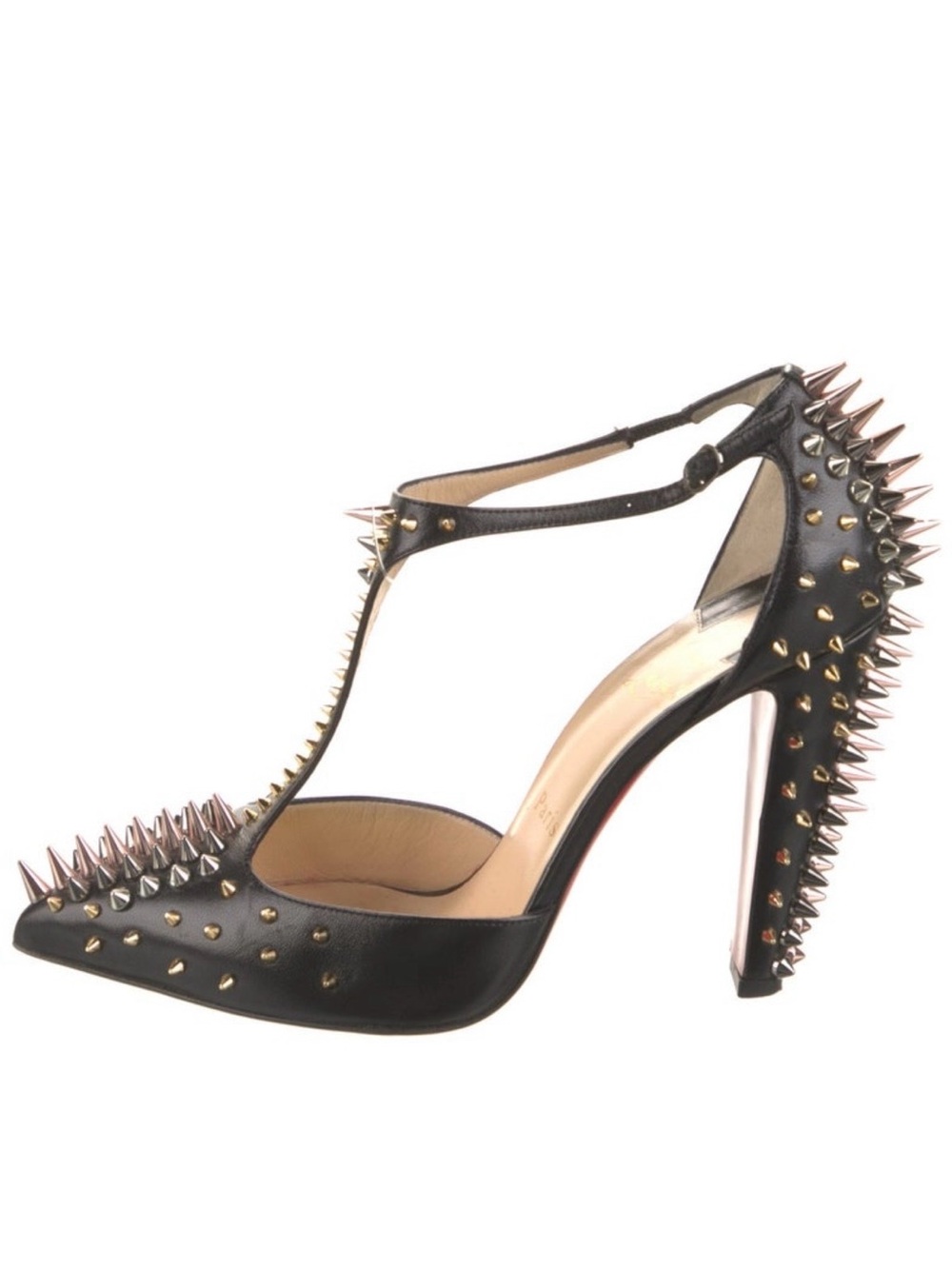 Christian Louboutin Black Leather T-Strap Spike Heel